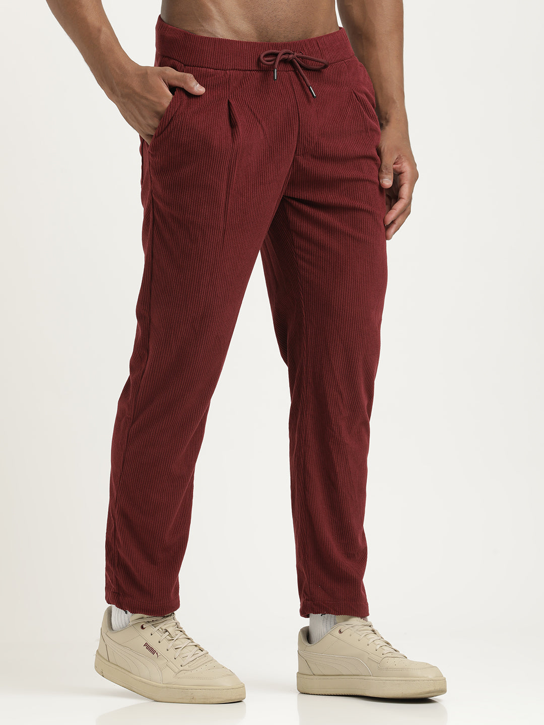 Comfort Fit Corduroy Trousers with Multhi Pockets Maroon