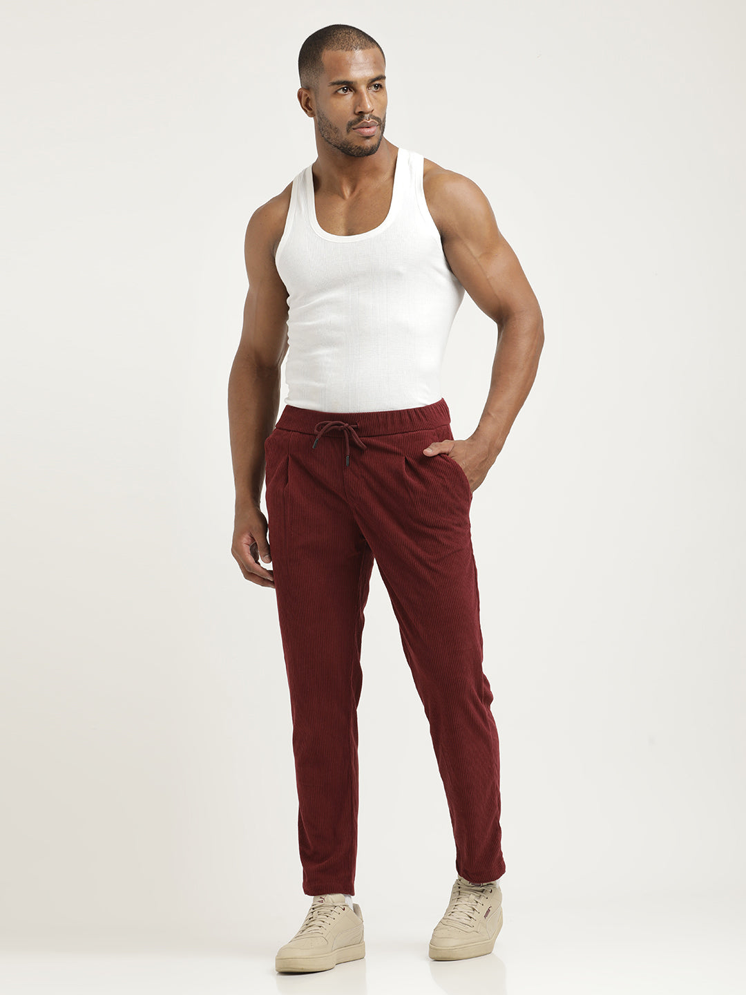 Comfort Fit Corduroy Trousers with Multhi Pockets Maroon