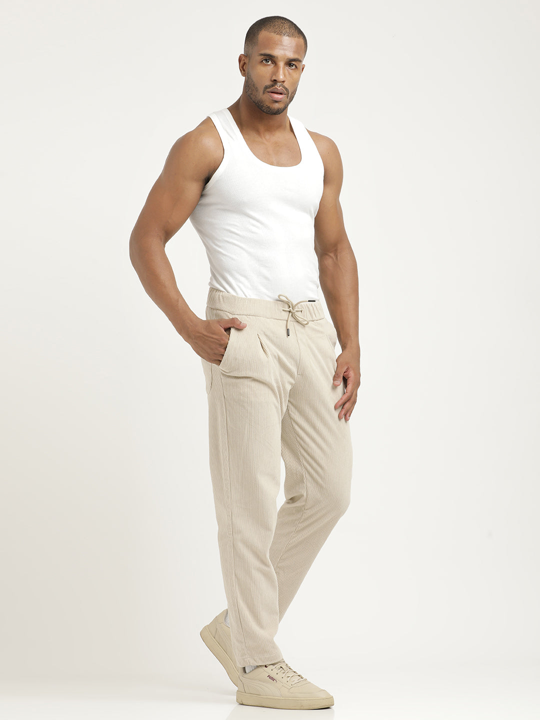 Comfort Fit Corduroy Trousers with Multhi Pockets Cream
