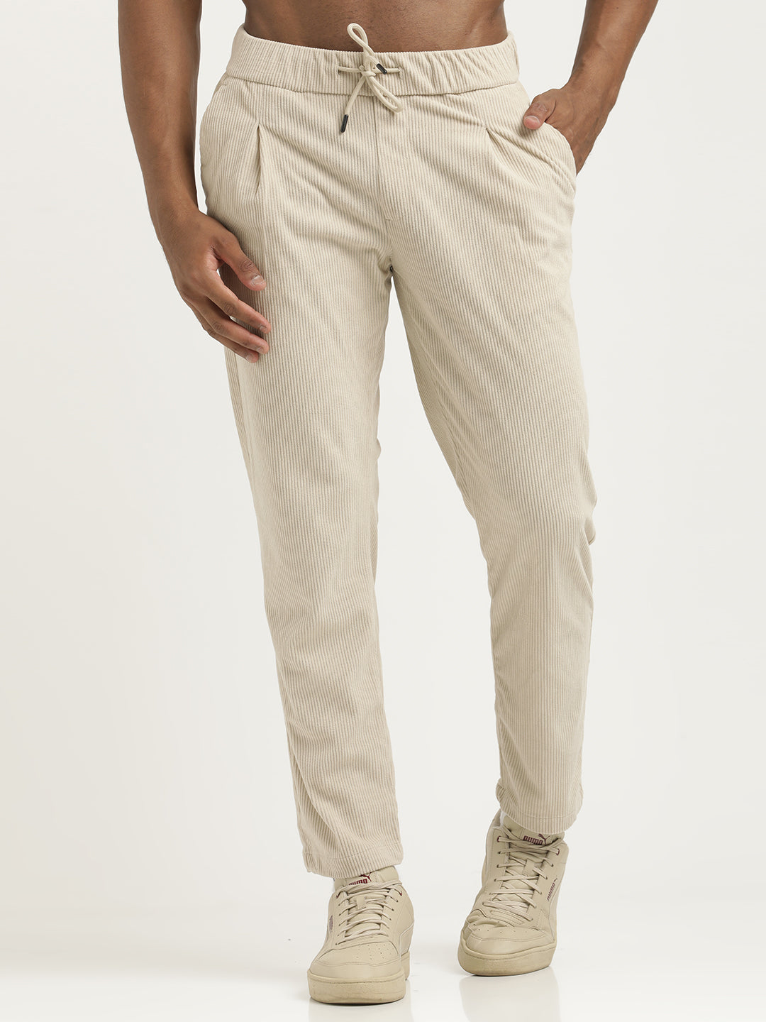 Comfort Fit Corduroy Trousers with Multhi Pockets Cream
