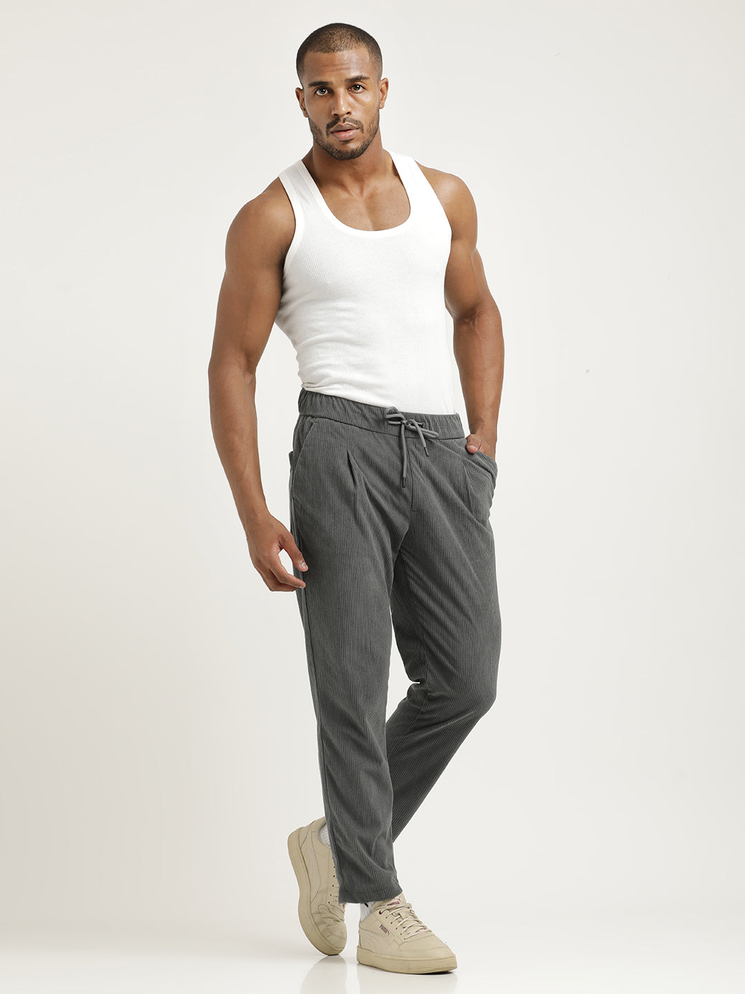 Comfort Fit Corduroy Trousers with Multhi Pockets Grey