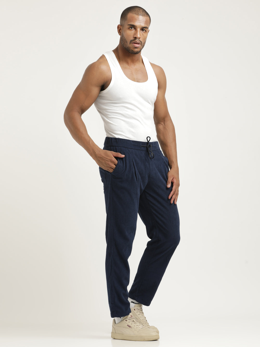 Comfort Fit Corduroy Trousers with Multhi Pockets Navy