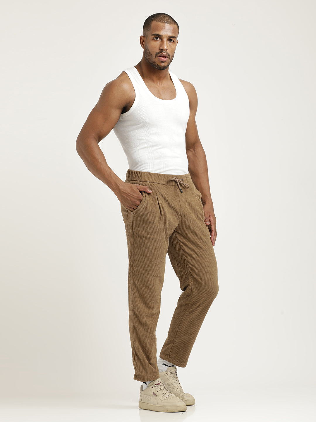 Comfort Fit Corduroy Trousers with Multhi Pockets Khaki