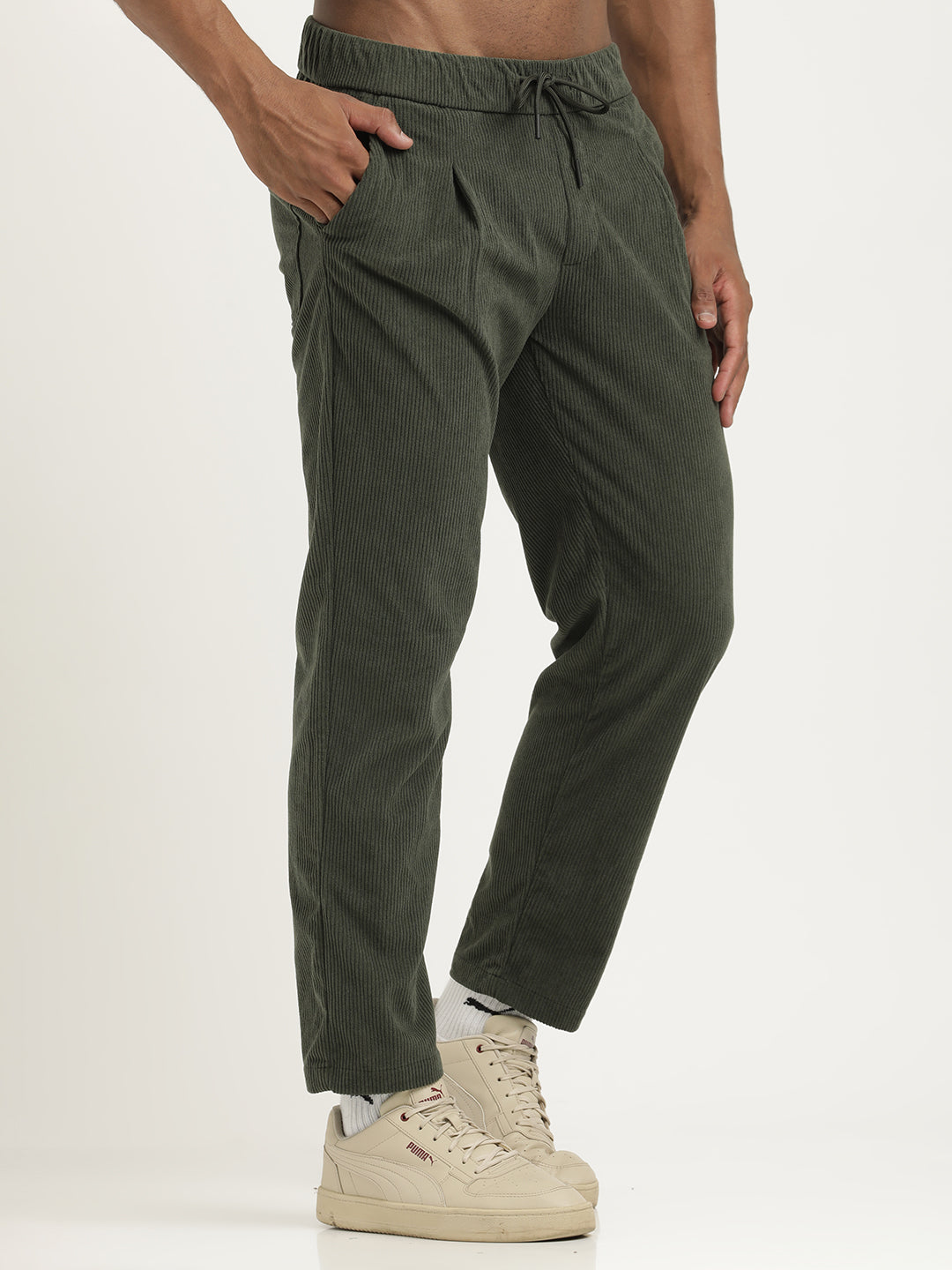 Comfort Fit Corduroy Trousers with Multhi Pockets Green