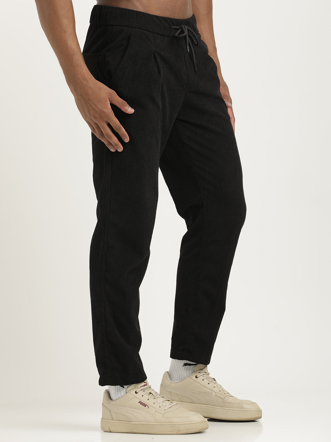 Comfort Fit Corduroy Trousers with Multhi Pockets Black