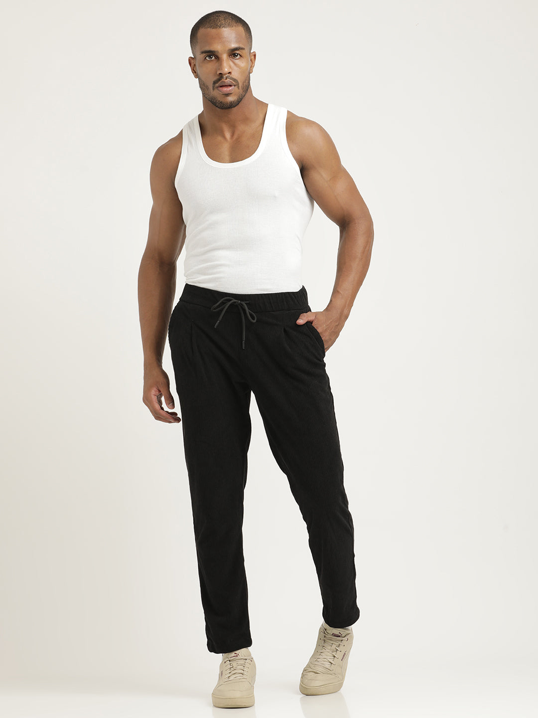 Comfort Fit Corduroy Trousers with Multhi Pockets Black