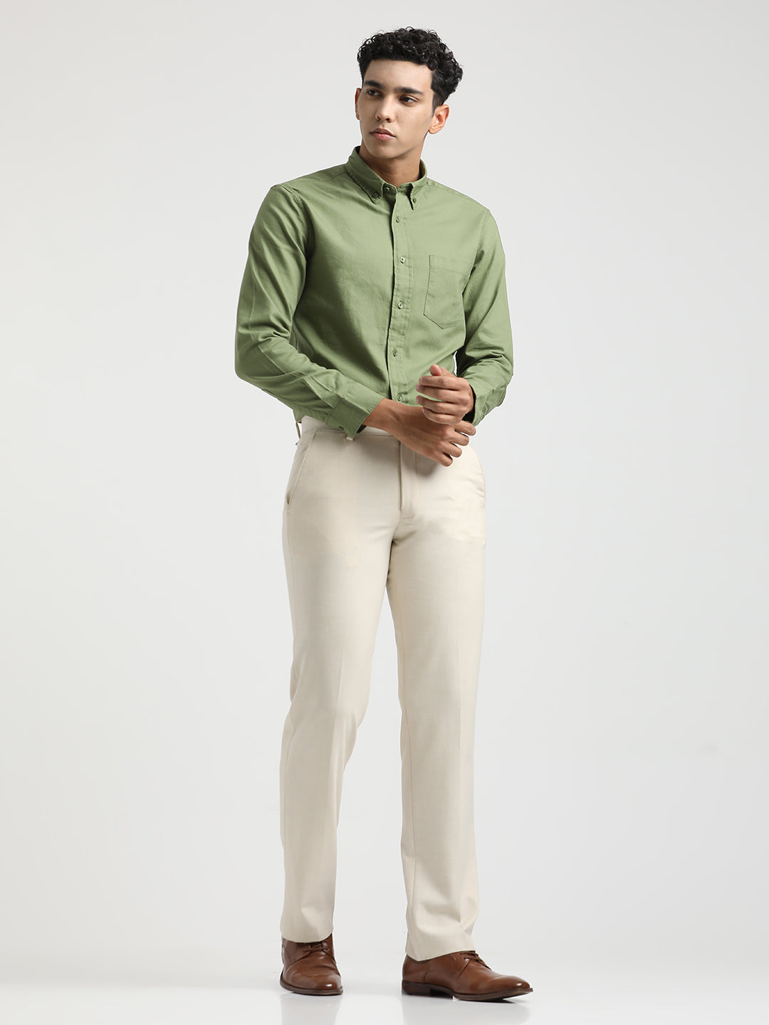 Oxford Cotton Shirt with Button-Down Collar Green