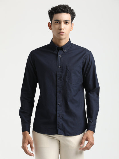 Oxford Cotton Shirt for Men with Button-Down Collar Navy