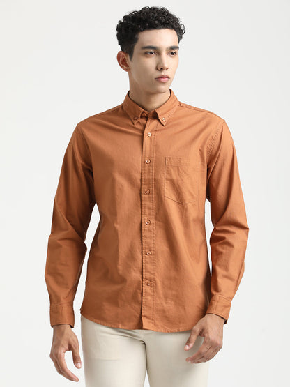 Oxford Cotton Shirt with Button-Down Collar Brown
