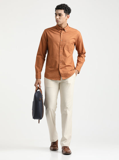 Oxford Cotton Shirt with Button-Down Collar Brown