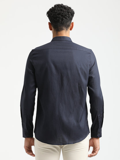 Textured Cotton Shirt with Dobby Weave Navy