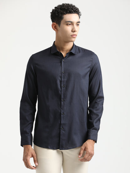 Textured Cotton Shirt with Dobby Weave Navy