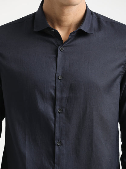Textured Cotton Shirt with Dobby Weave Navy