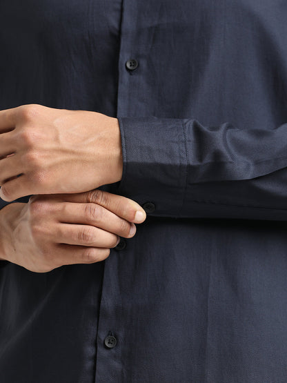 Textured Cotton Shirt with Dobby Weave Navy