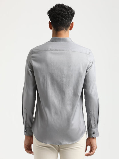 Textured Cotton Shirt with Dobby Weave Grey