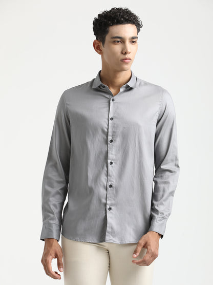 Textured Cotton Shirt with Dobby Weave Grey