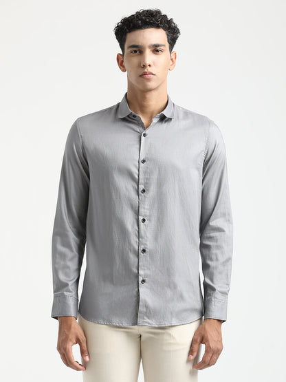 Textured Cotton Shirt with Dobby Weave Grey