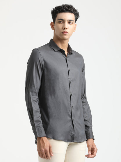 Textured Cotton Shirt with Dobby Weave Dk Grey