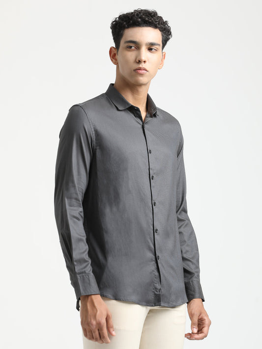 Textured Cotton Shirt with Dobby Weave Dk Grey