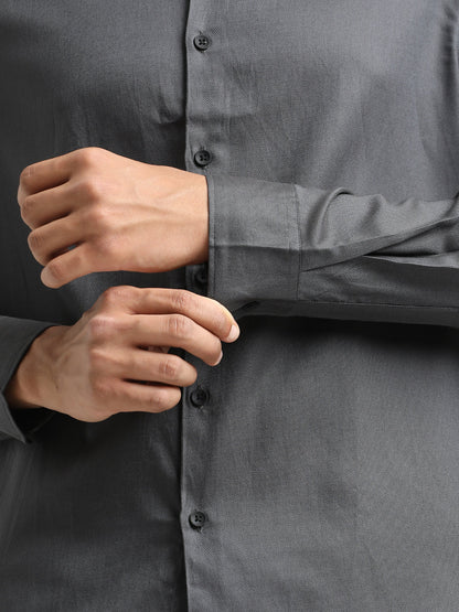 Textured Cotton Shirt with Dobby Weave Dk Grey