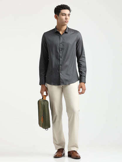 Textured Cotton Shirt with Dobby Weave Dk Grey