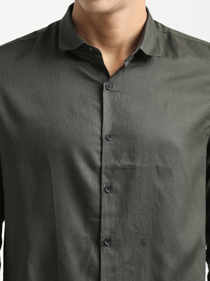 Textured Cotton Shirt with Dobby Weave Olive
