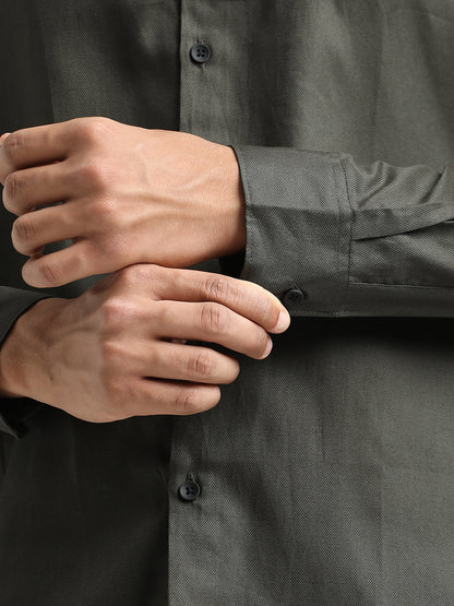 Textured Cotton Shirt with Dobby Weave Olive