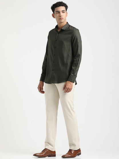 Textured Cotton Shirt with Dobby Weave Olive