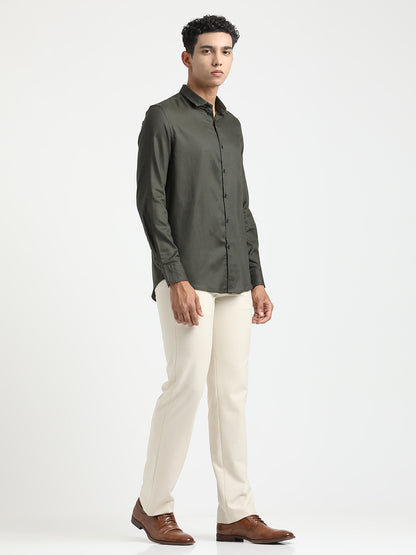 Textured Cotton Shirt with Dobby Weave Olive
