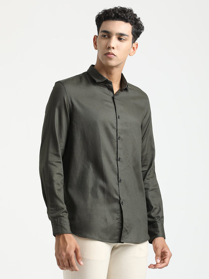 Textured Cotton Shirt with Dobby Weave Olive