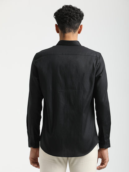 Textured Cotton Shirt with Dobby Weave Black