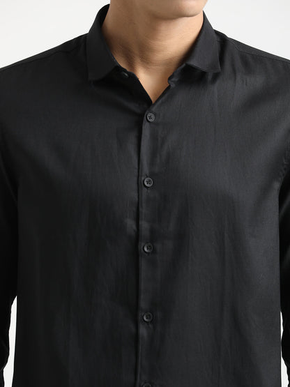 Textured Cotton Shirt with Dobby Weave Black