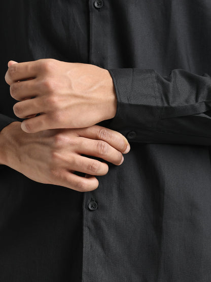 Textured Cotton Shirt with Dobby Weave Black