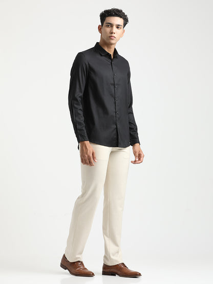 Textured Cotton Shirt with Dobby Weave Black