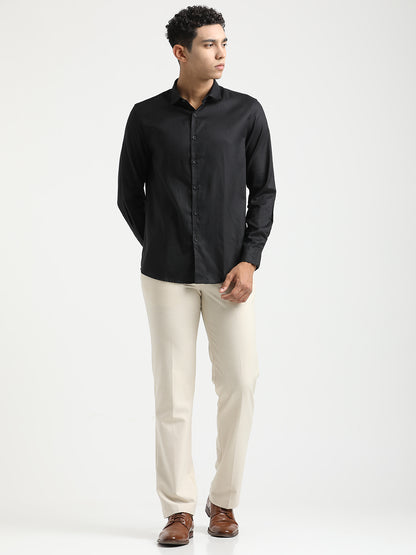 Textured Cotton Shirt with Dobby Weave Black