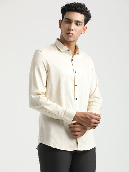 Textured Cotton Shirt with Dobby Weave Cream