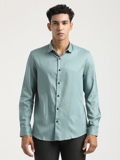 Textured Cotton Shirt with Dobby Weave Green