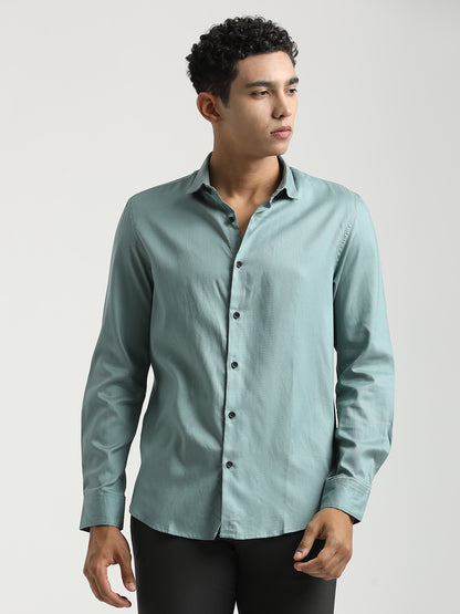 Textured Cotton Shirt with Dobby Weave Green