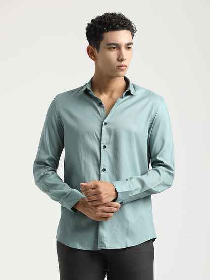Textured Cotton Shirt with Dobby Weave Green