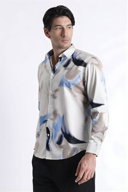 Floral Digital Print Shirt Beige Blue
