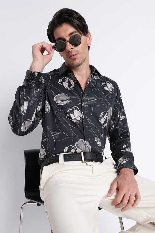 Floral Digital Print Shirt Black Grey