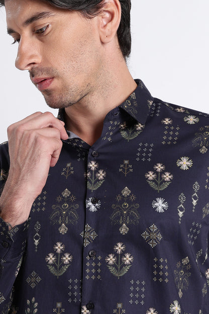 Floral Digital Print Shirt Navy Green