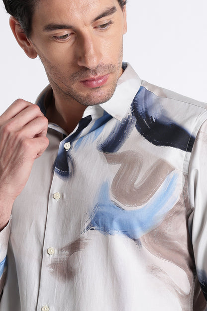 Floral Digital Print Shirt Beige Blue