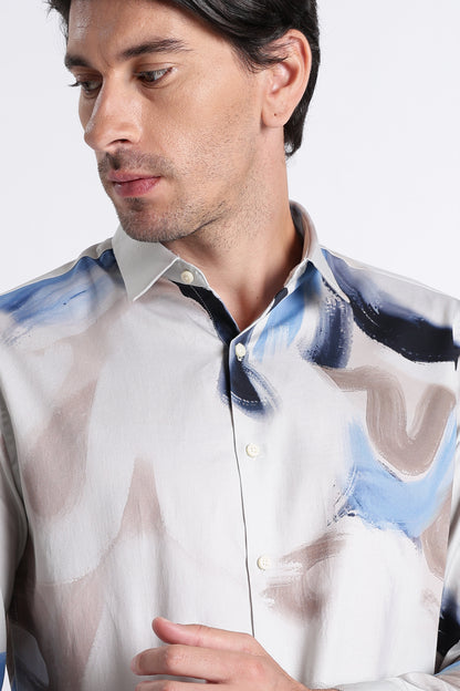 Floral Digital Print Shirt Beige Blue