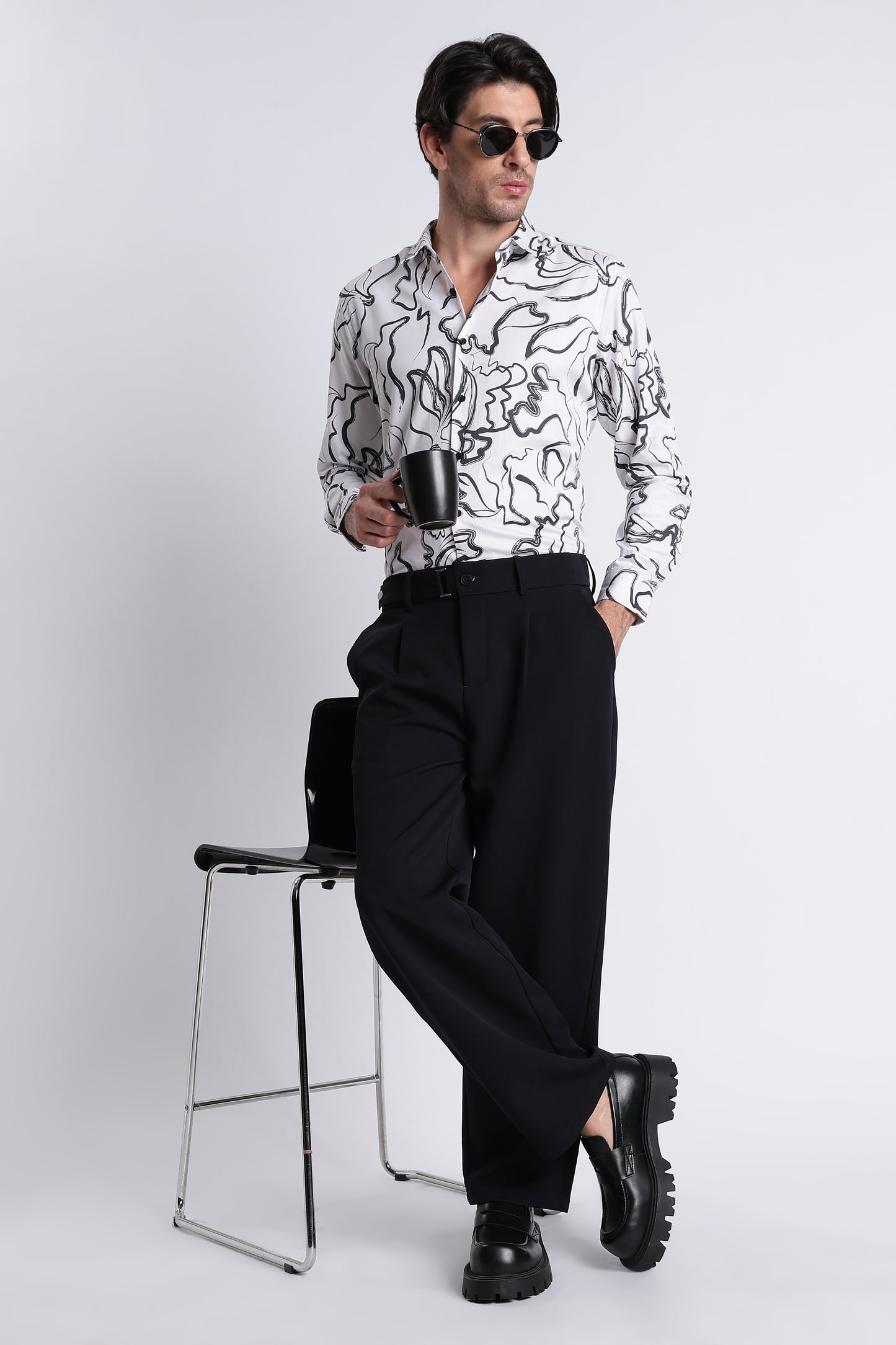Floral Digital Print Shirt White Black