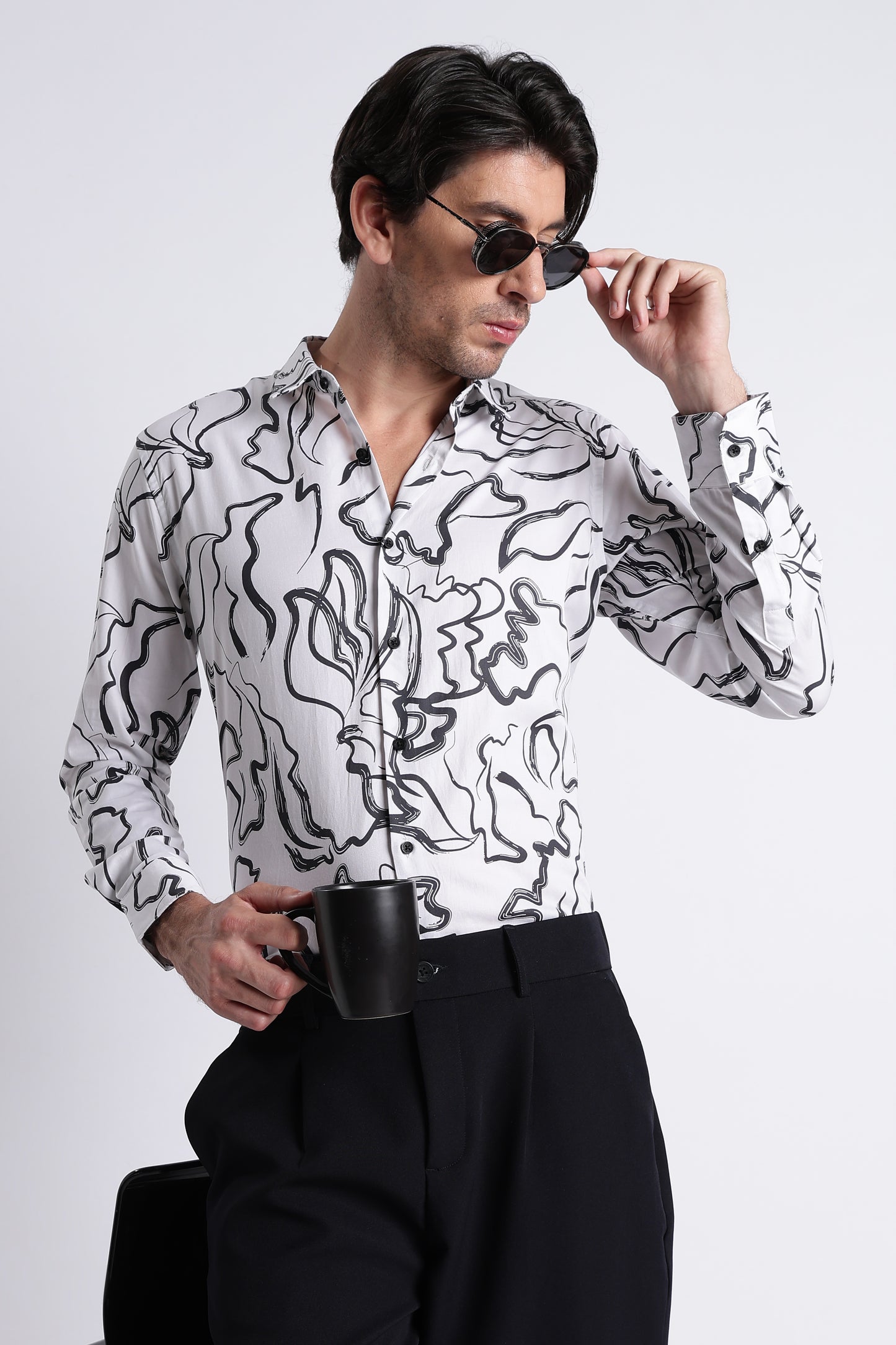 Floral Digital Print Shirt White Black