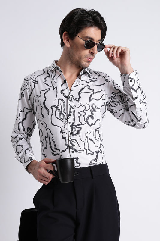 Floral Digital Print Shirt White Black