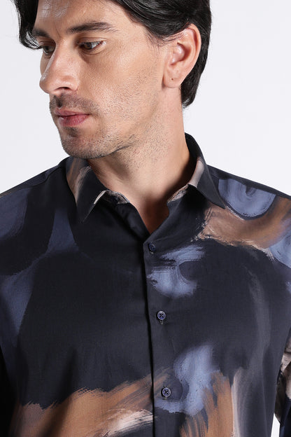 Floral Digital Print Shirt Navy Brown
