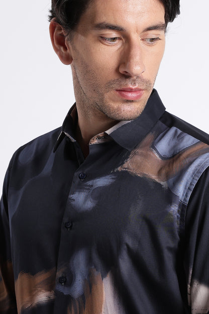 Floral Digital Print Shirt Navy Brown