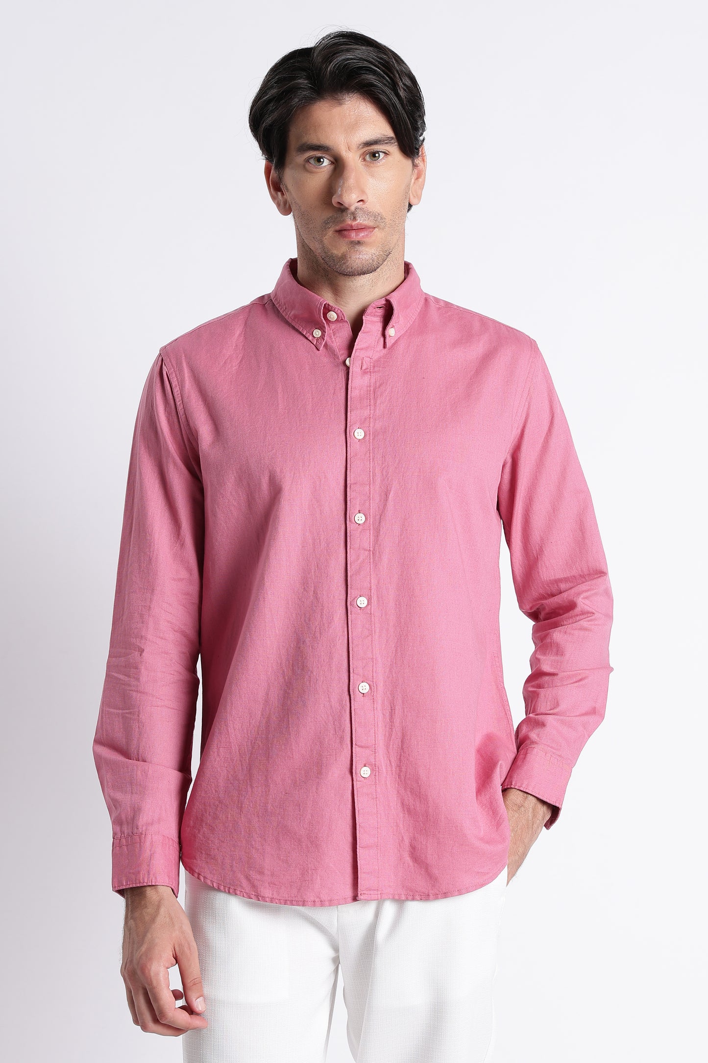Premium Cotton Linen Slim Fit Solid Shirt Dk Pink